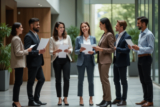 Groupe de professionnels dans un lobby moderne en réunion