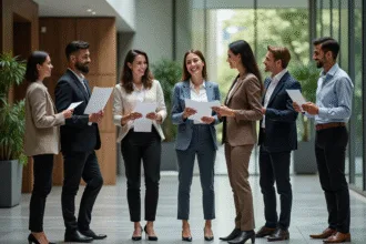 Groupe de professionnels dans un lobby moderne en réunion