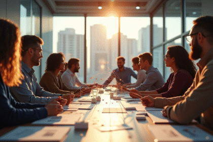 Groupe de personnes collaborant autour d'une table en bureau moderne