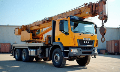 Camion grue d'occasion stationne en plein soleil dans un lot industriel