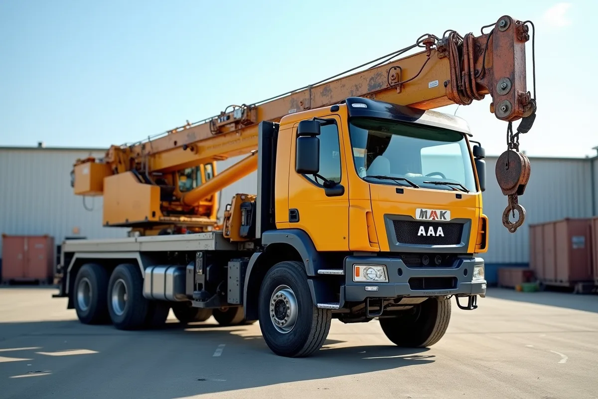 Camion grue d'occasion stationne en plein soleil dans un lot industriel