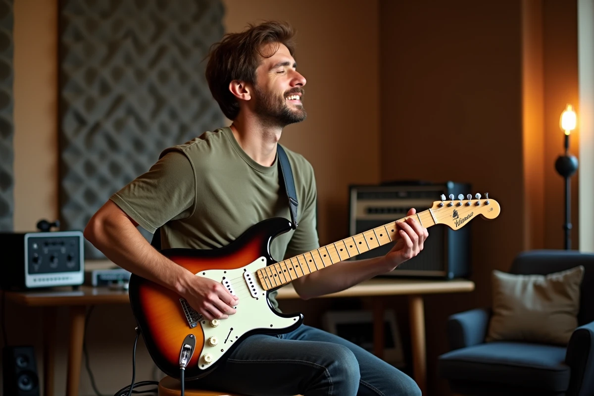 Guitariste jouant une Stratocaster sunburst équipée de micros noiseless dans un home studio
