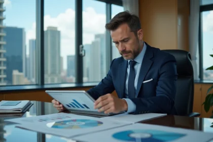 Homme d'affaires en costume bleu analysant un graphique sur tablette