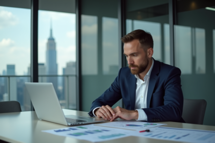 Homme d'affaires en costume regardant des documents financiers