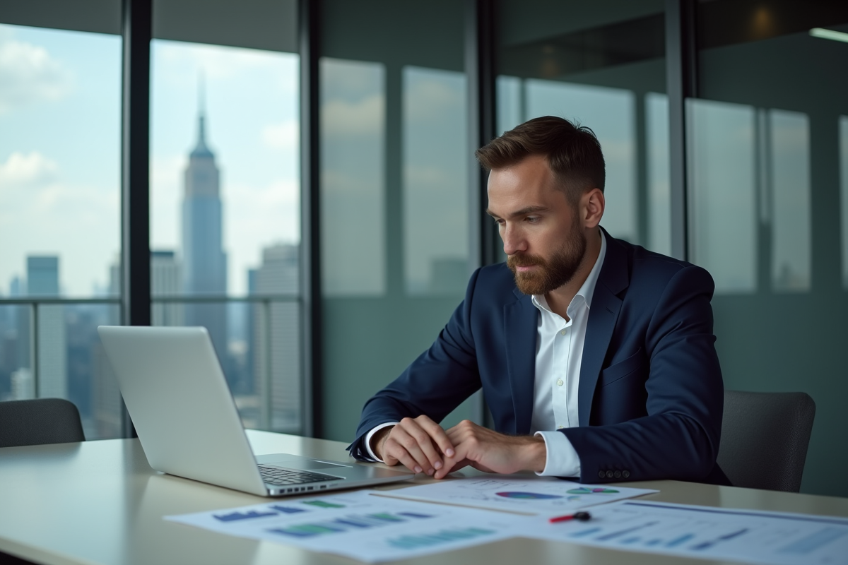 Homme d'affaires en costume regardant des documents financiers