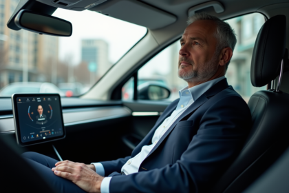 Homme d'affaires détendu dans une voiture autonome moderne