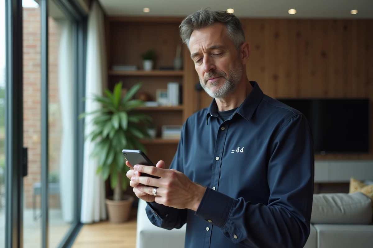 Homme à domicile recevant un appel téléphonique international avec le code pays 44 du Royaume-Uni