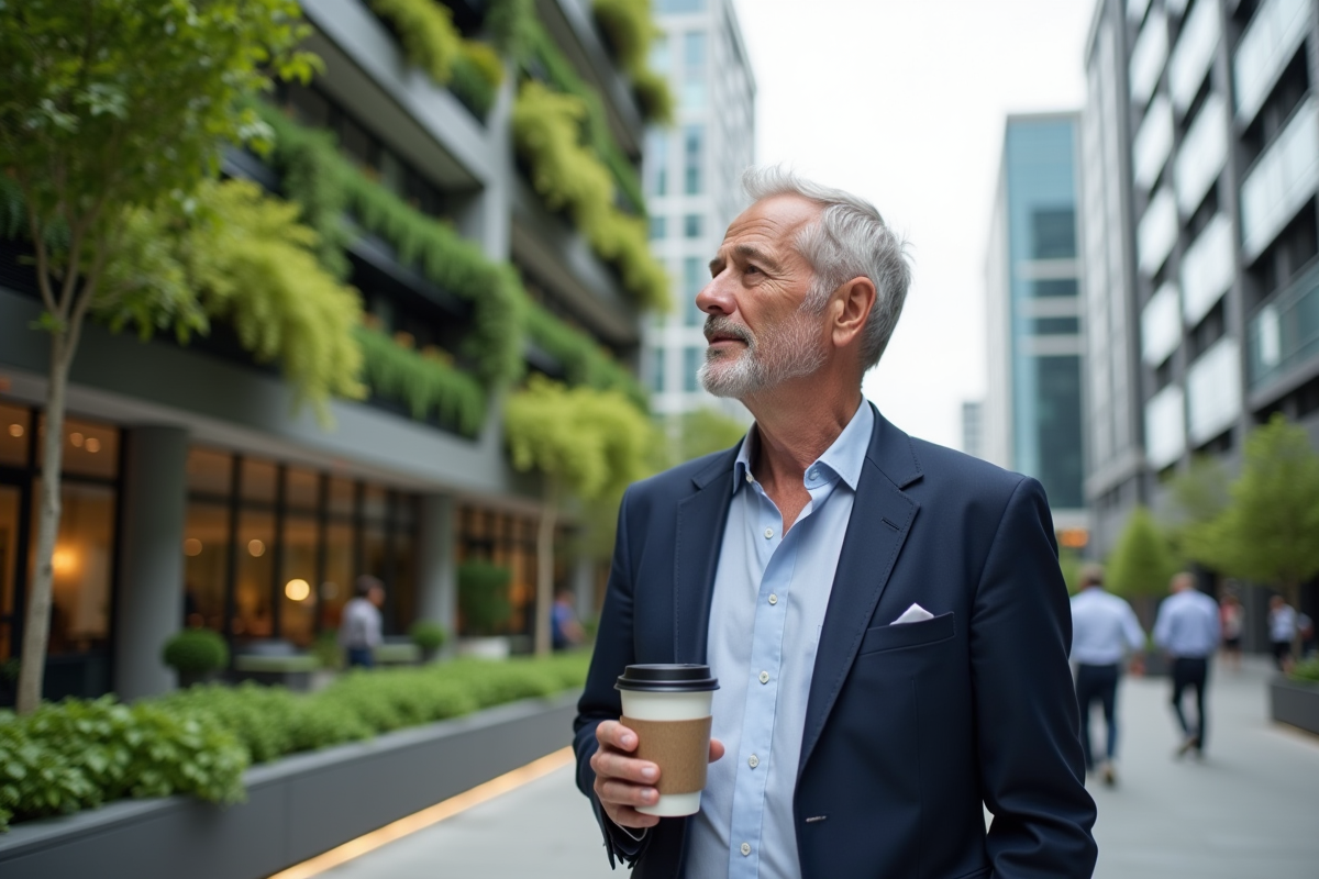 Homme dans la ville avec architecture écologique et jardins