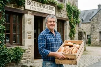 Homme souriant avec pain devant une boulangerie en Vendée