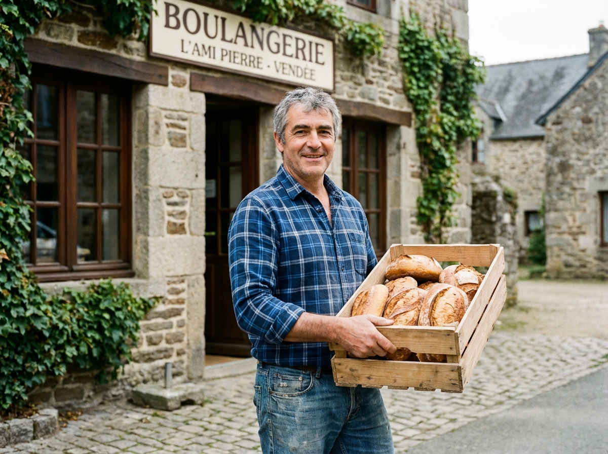 Homme souriant avec pain devant une boulangerie en Vendée