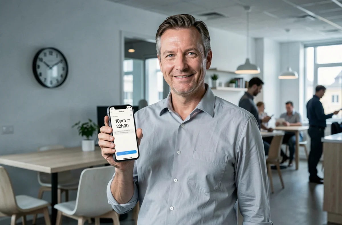 Homme en bureau consultant une application de conversion d'heure anglaise 10pm en heure française 22h sur son smartphone