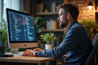 Homme d age moyen dans un bureau moderne en train de consulter des données digitales