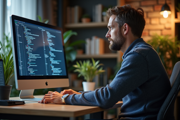 Homme d age moyen dans un bureau moderne en train de consulter des données digitales