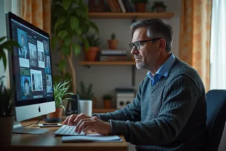 Homme d'âge moyen frustré face à un ordinateur confus