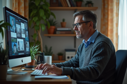 Homme d'âge moyen frustré face à un ordinateur confus