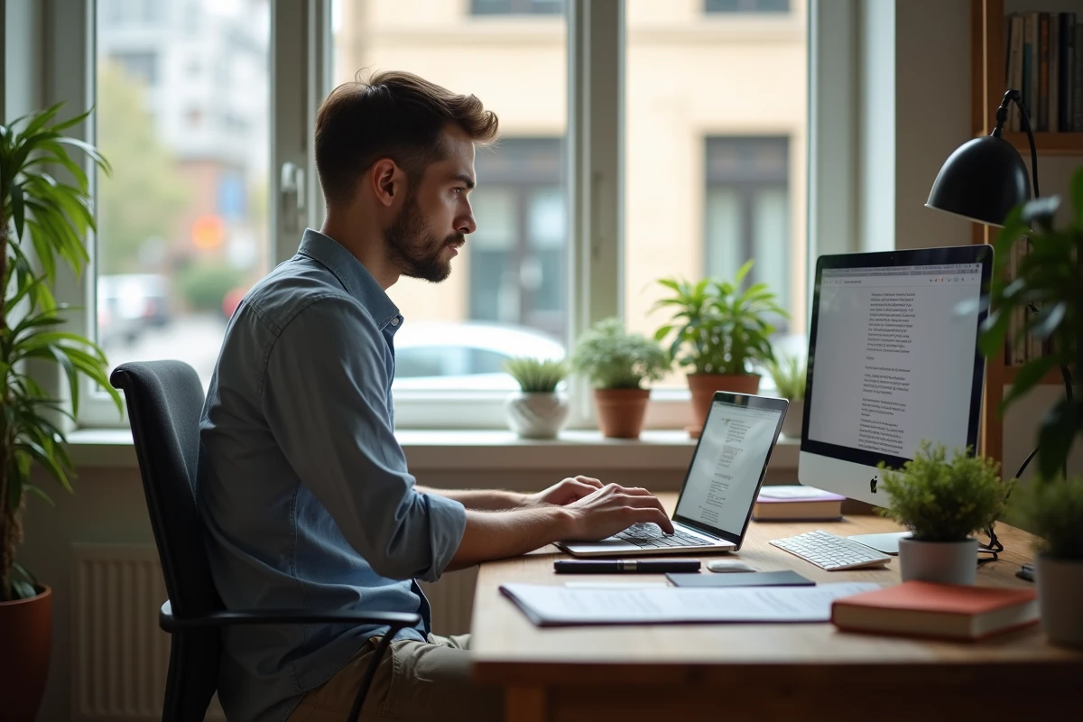 Jeune homme organisant ses ebooks dans un bureau lumineux
