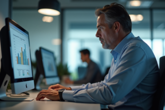 Homme d'affaires pensif devant un ordinateur en open space