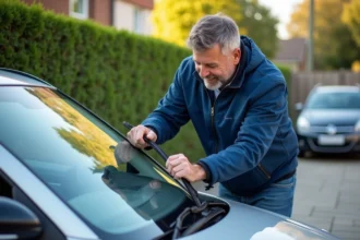 Homme installant un balai d'essuie-glace sur une voiture moderne