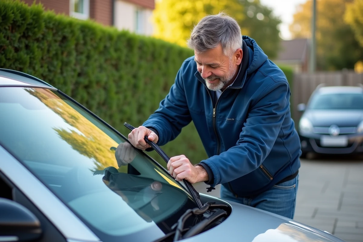 Homme installant un balai d'essuie-glace sur une voiture moderne