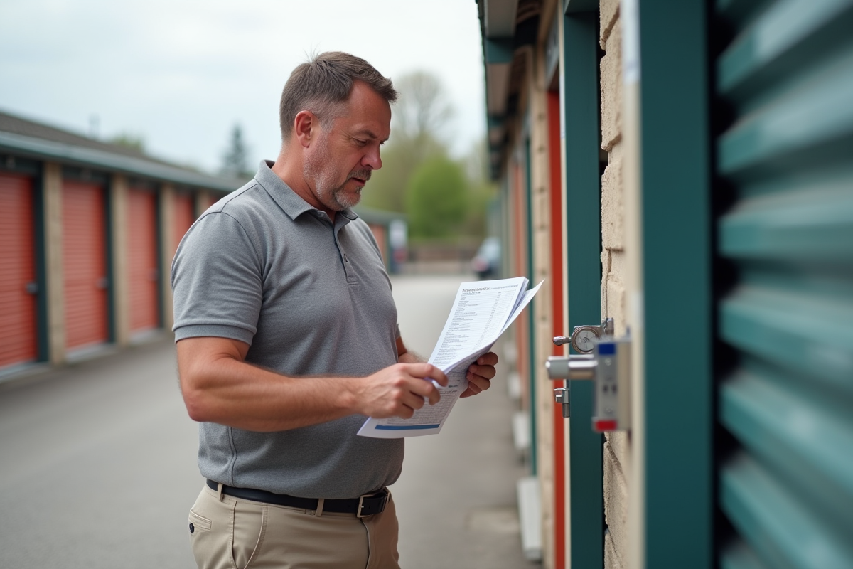 Homme verrouille sa unité de stockage en extérieur avec brochure