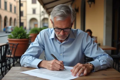 Homme d'âge moyen remplissant un mots croises en café