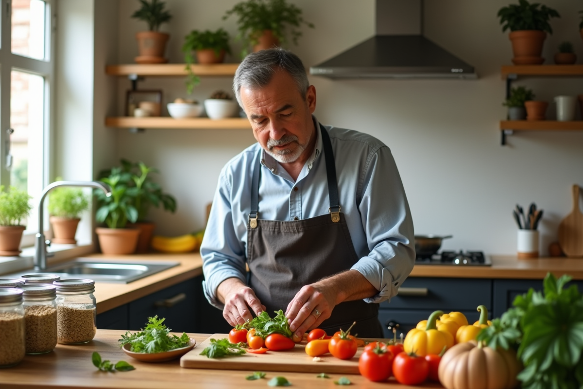 Homme préparant un repas végétal dans une cuisine moderne