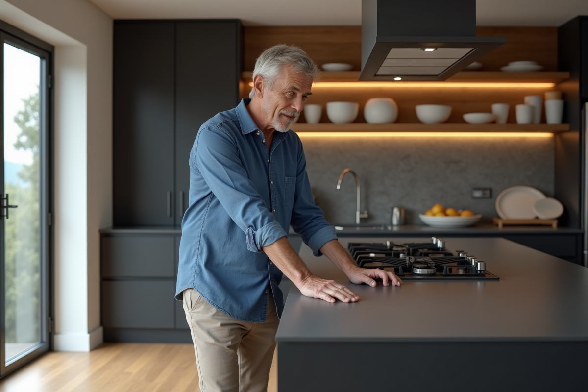 Homme examinant un plan Dekton dans une cuisine haut de gamme