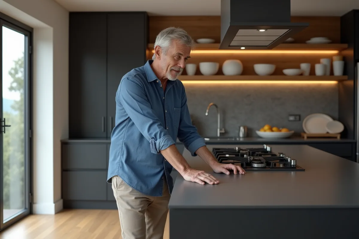 Homme examinant un plan Dekton dans une cuisine haut de gamme