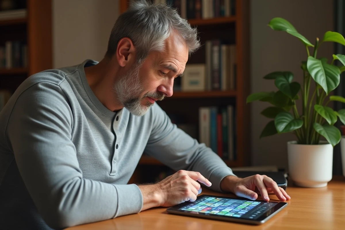 Homme résolvant une énigme journalière 4 Images 1 Mot 9 lettres sur tablette