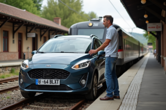 Homme en jeans et polo guide une voiture sur un autotrain