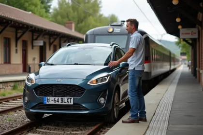 Homme en jeans et polo guide une voiture sur un autotrain