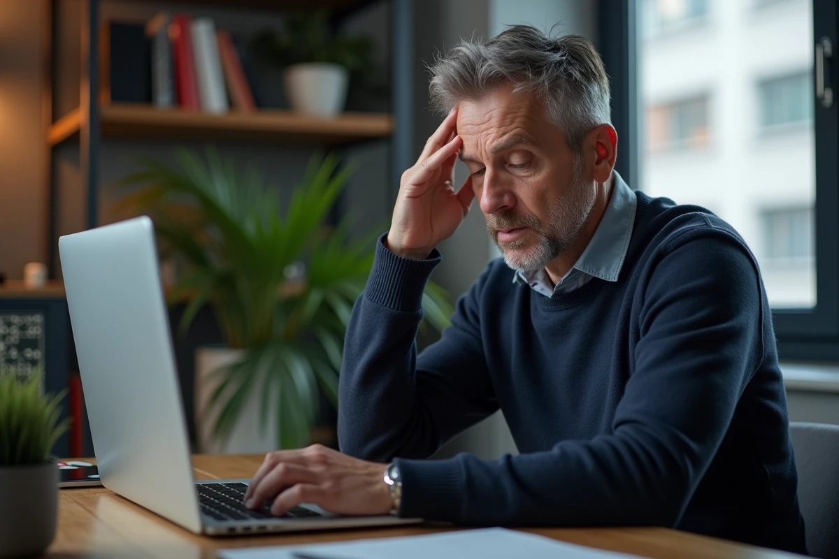 Homme frustré devant un ordinateur portable affichant un message d'erreur, symbolisant un problème d'accès à un service en ligne en 2026