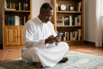 Homme consultant les horaires de prière selon son madhhab sur smartphone à Nantes