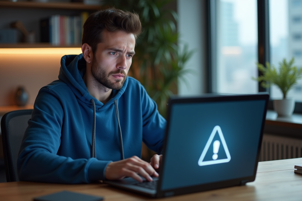 Homme inquiet devant un ordinateur avec alerte réseau