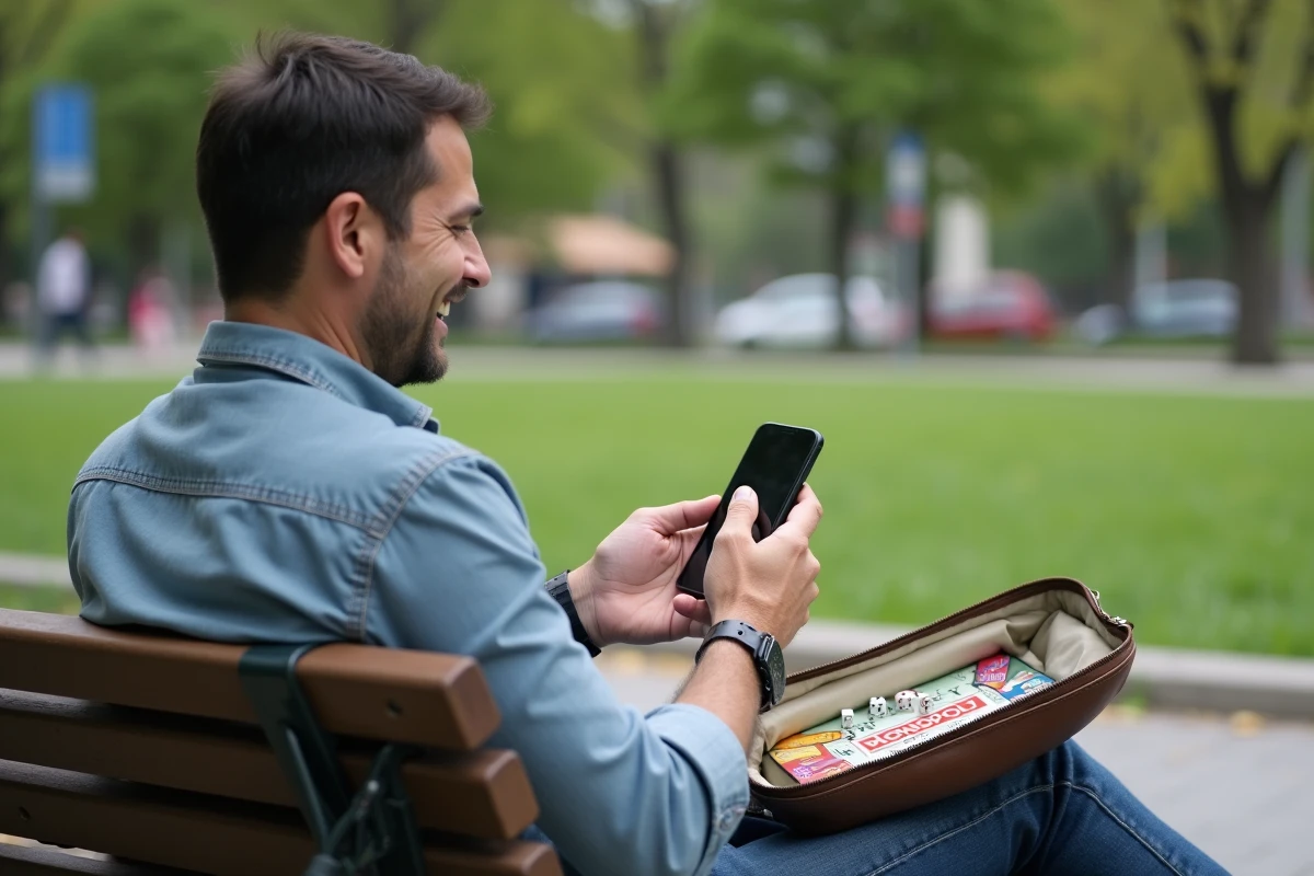 Homme joue au Monopoly Go dans un parc en plein air