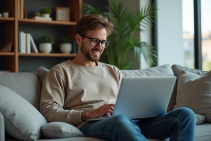Homme détendu avec ordinateur dans un salon cosy