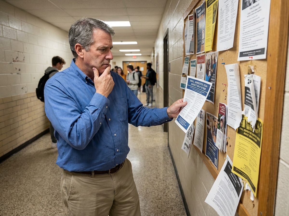 Homme étudiant regardant des flyers dans un couloir