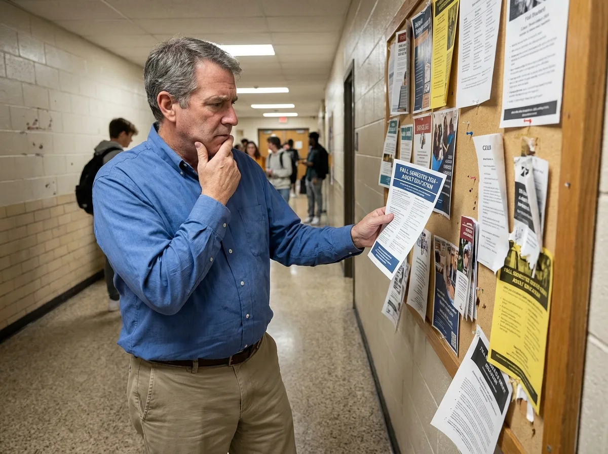 Homme étudiant regardant des flyers dans un couloir