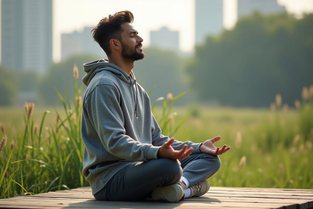 Jeune homme méditant dans un parc urbain calme