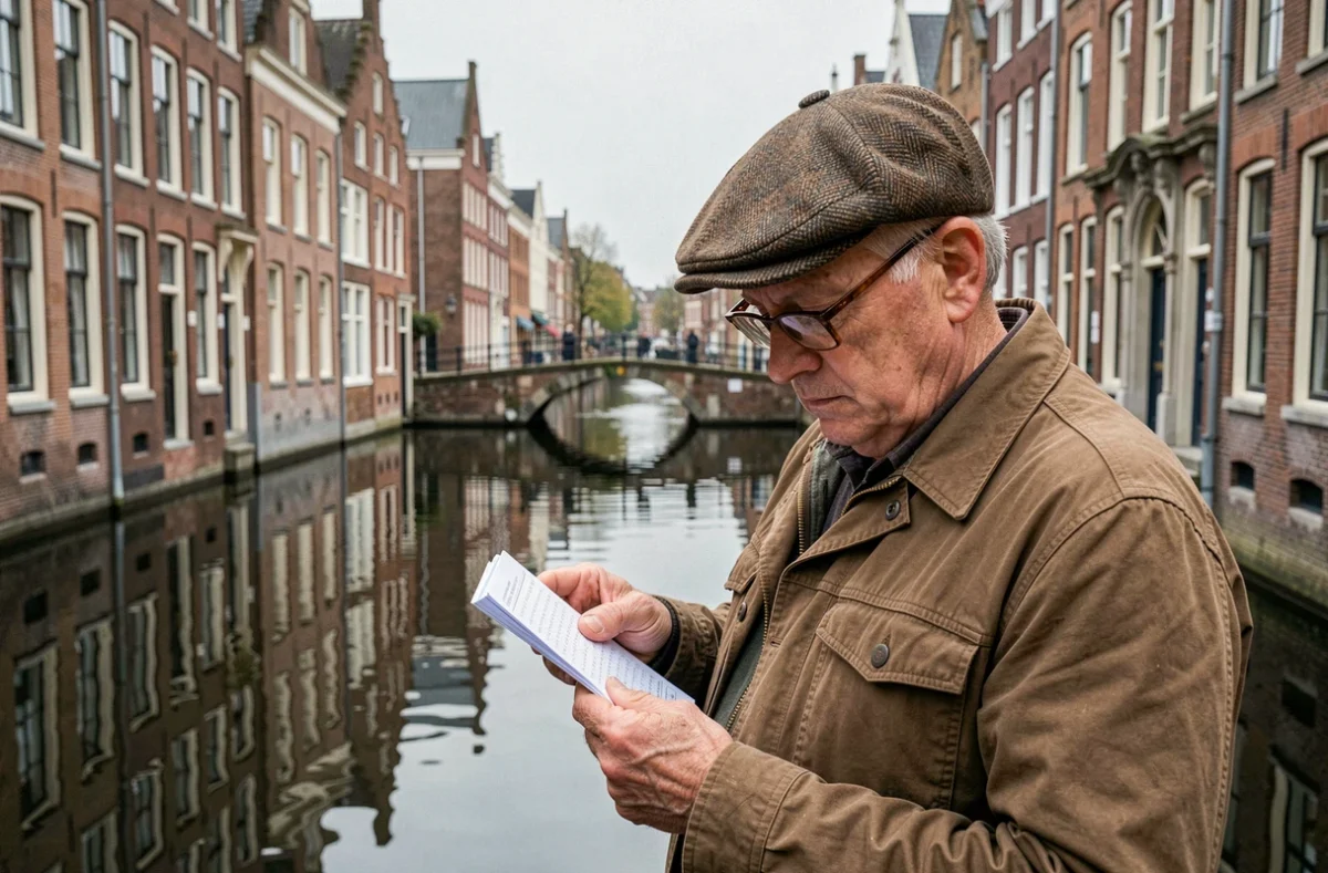 Homme âgé consultant un carnet de mots croisés devant un canal belge avec bâtiments historiques en brique