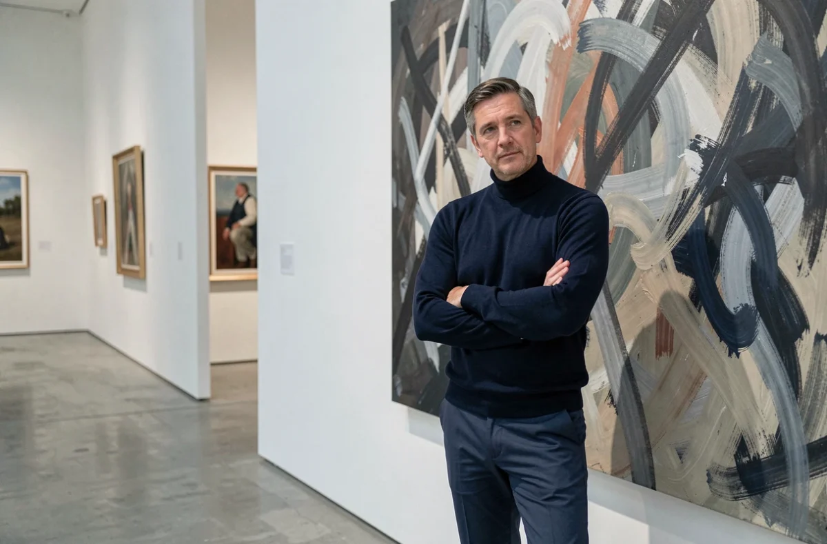Homme contemplant une peinture abstraite dans un musée d'art contemporain, symbolisant la démarche philosophique face à une œuvre artistique