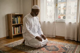 Homme musulman en prière sur un tapis de prière dans un appartement à Orléans, illustrant les heures de prière quotidiennes
