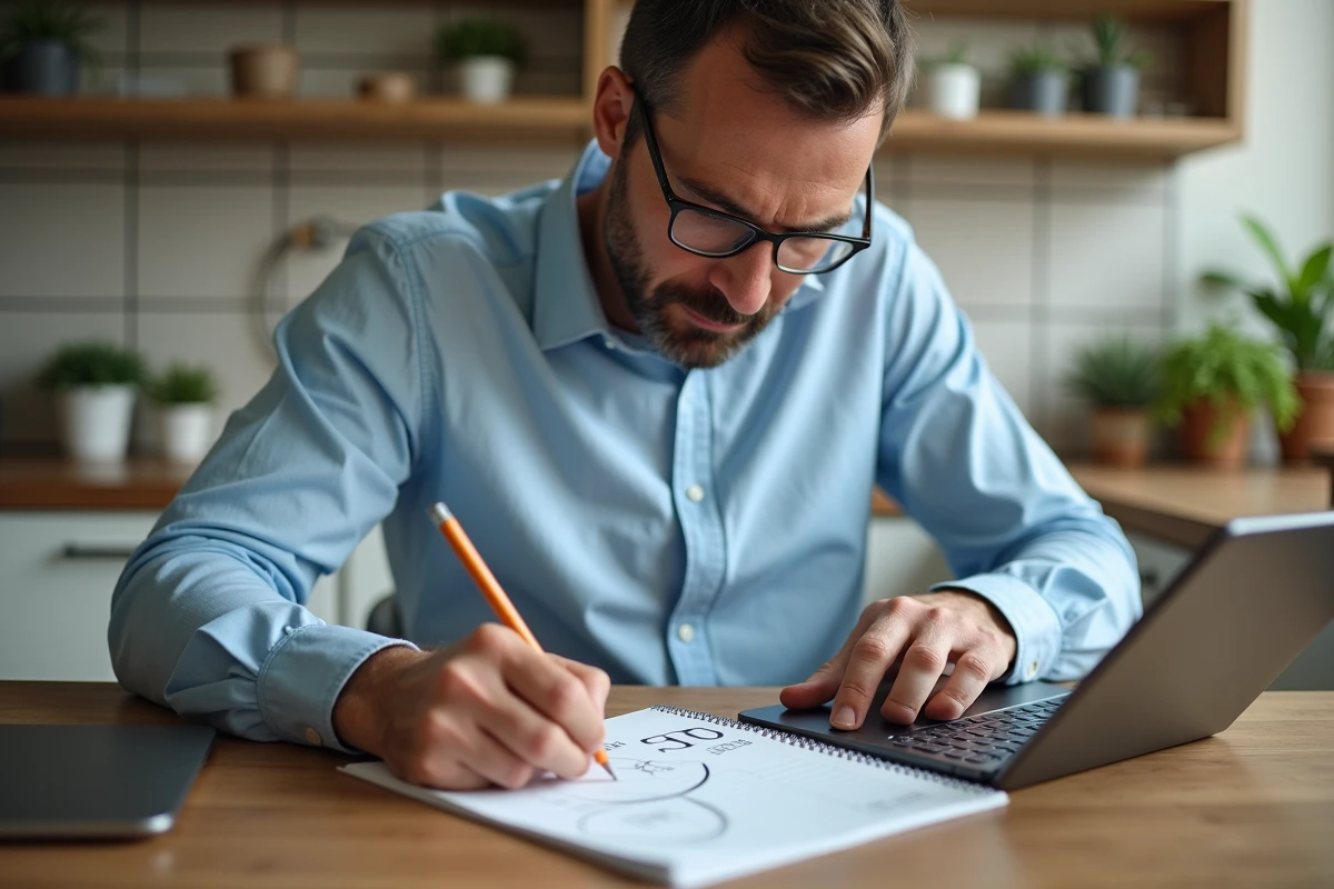 Homme d age moyen notant des minutes dans un carnet à la maison