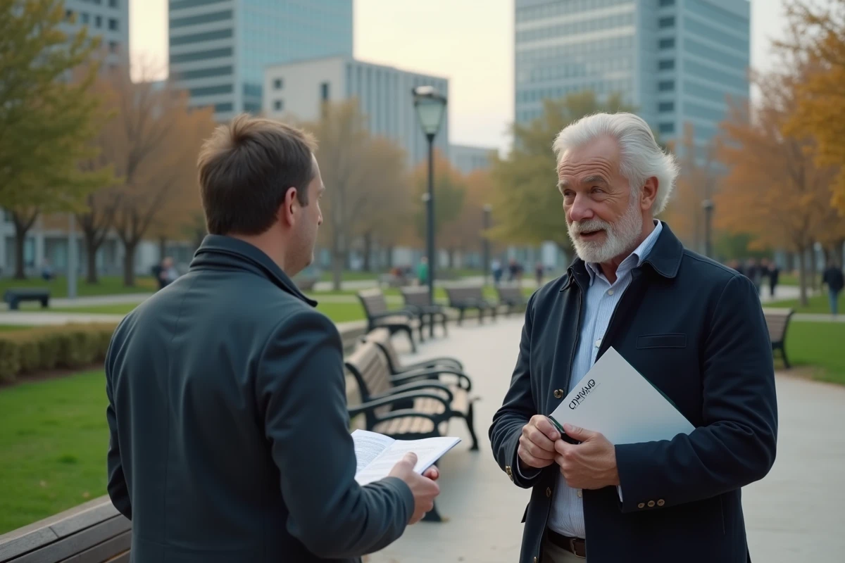 Homme en ville discutant avec un collègue dans un parc