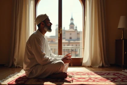 Homme en djellaba blanche priant sur un tapis de prière à Marseille avec vue sur Notre-Dame de la Garde