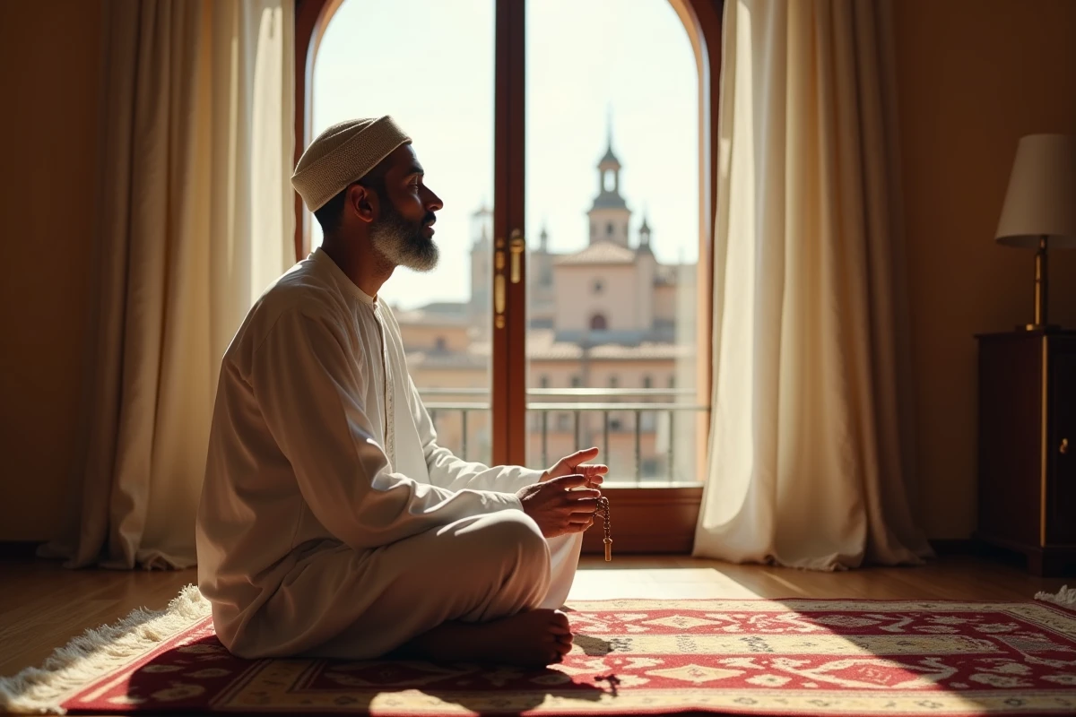 Homme en djellaba blanche priant sur un tapis de prière à Marseille avec vue sur Notre-Dame de la Garde