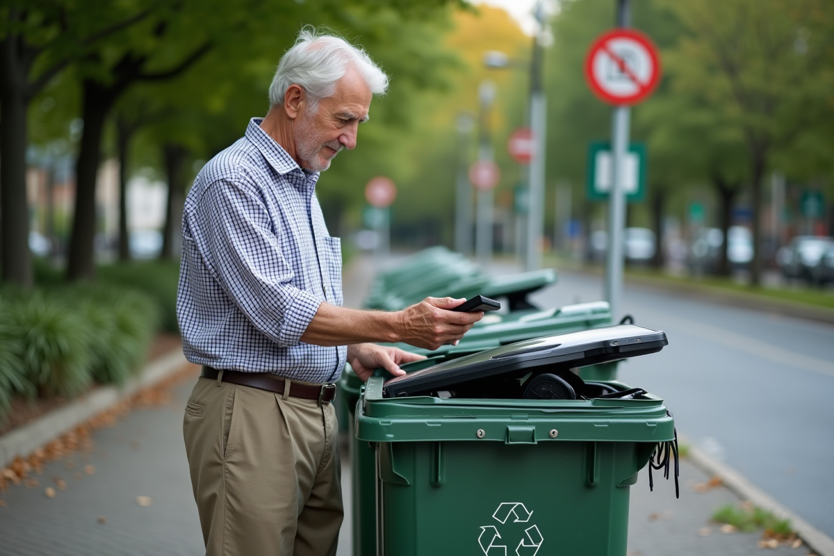 Homme âgé recyclant des appareils électroniques en extérieur