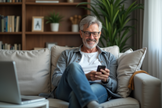 Homme d'âge moyen relaxant sur un canapé avec smartphone