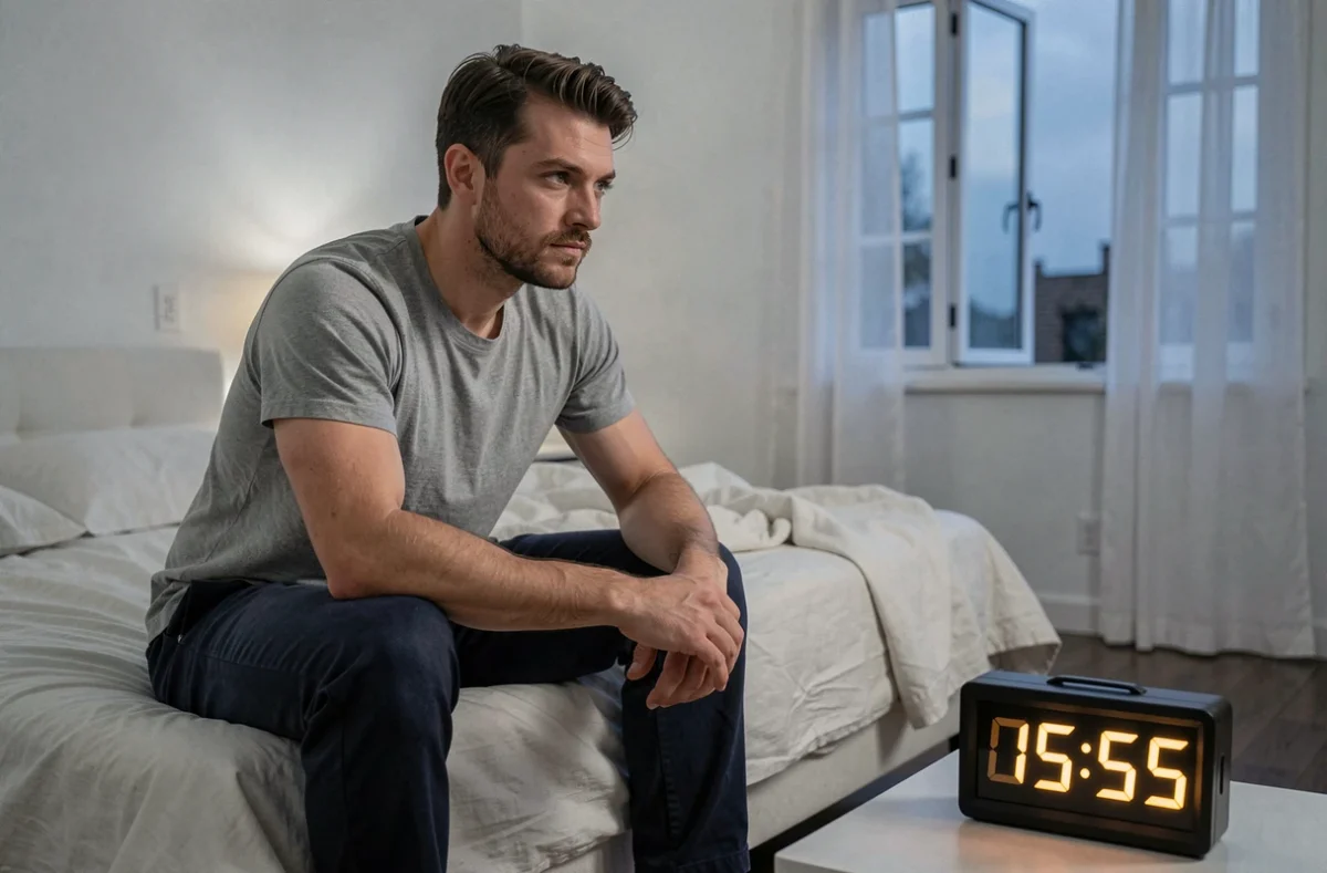 Homme seul assis sur un lit regardant un réveil affichant 05h55, symbolisant la réflexion intérieure sur l'engagement ou le besoin de liberté en amour