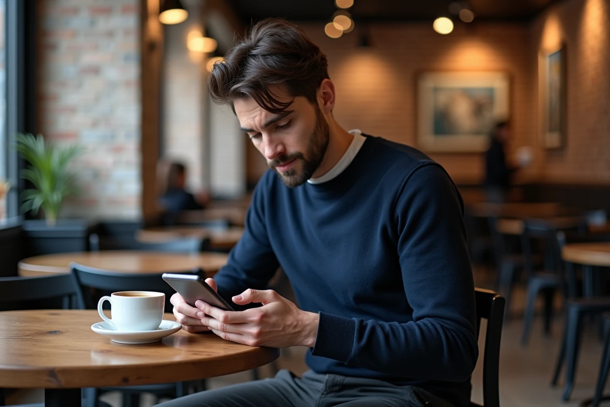 Homme lisant des scans de manga sur son smartphone dans un café urbain au décor en briques apparentes